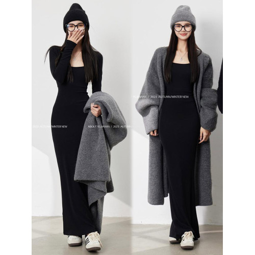 【棉磨毛高品質】黑色法式方領長袖修身打底連衣裙高級感長裙子