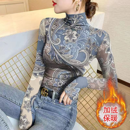 保暖德絨半高領長袖t恤女士秋冬修身顯瘦印花打底衫加絨加厚上衣