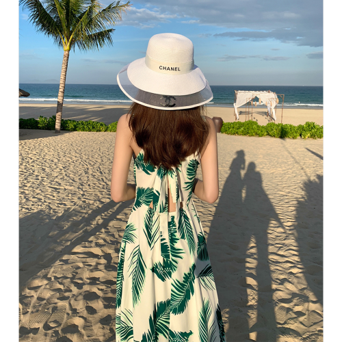 三亞旅遊露背吊帶連衣裙雪紡超仙長裙泰國海邊拍照衣服度假沙灘裙