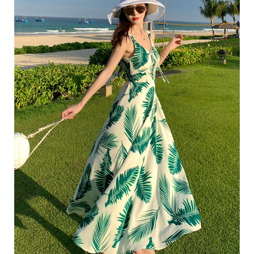 三亞旅遊露背吊帶連衣裙雪紡超仙長裙泰國海邊拍照衣服度假沙灘裙