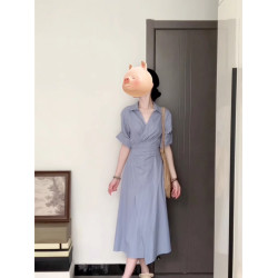 韓系氣質優雅藍色條紋襯衫連衣裙女夏季設計小衆高級收腰顯瘦長裙