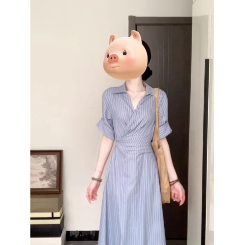 韓系氣質優雅藍色條紋襯衫連衣裙女夏季設計小衆高級收腰顯瘦長裙