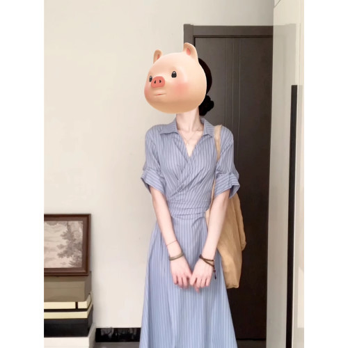 韓系氣質優雅藍色條紋襯衫連衣裙女夏季設計小衆高級收腰顯瘦長裙