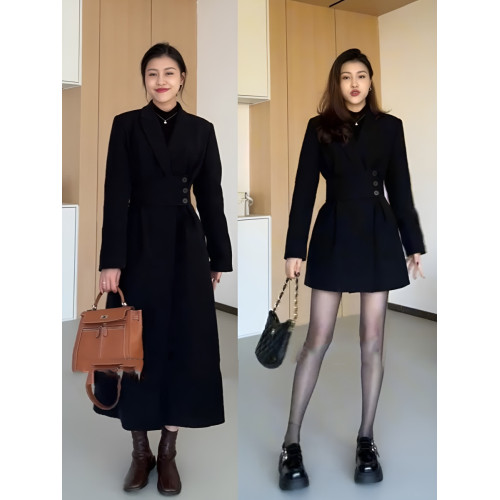 赫本風可調節收腰白鴨絨羽絨服西裝大衣女冬中長款風衣外套連衣裙