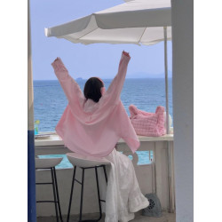 Ootd韓女穿搭ins襯衫春秋天氛圍感櫻花粉色外套薄款內搭外穿襯衣