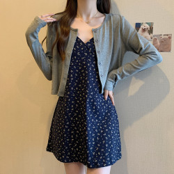 大碼女裝碎花吊帶連衣裙女開衫兩件套早秋季新款裙子胖mm遮肚顯瘦