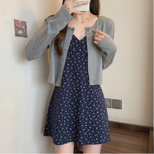 大碼女裝碎花吊帶連衣裙女開衫兩件套早秋季新款裙子胖mm遮肚顯瘦