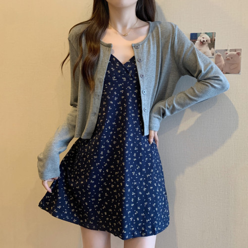 大碼女裝碎花吊帶連衣裙女開衫兩件套早秋季新款裙子胖mm遮肚顯瘦