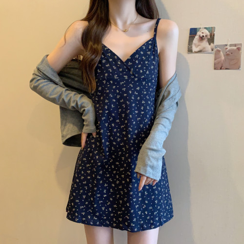 大碼女裝碎花吊帶連衣裙女開衫兩件套早秋季新款裙子胖mm遮肚顯瘦