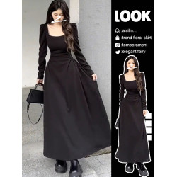 法式高級感黑色長袖連衣裙子女秋冬季2025新款小個子收腰方領長裙