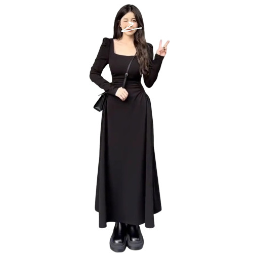 法式高級感黑色長袖連衣裙子女秋冬季2025新款小個子收腰方領長裙