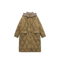 撤櫃韓版針織帽羽絨棉服女中長款冬寬松連帽菱形格過膝羽絨棉外套