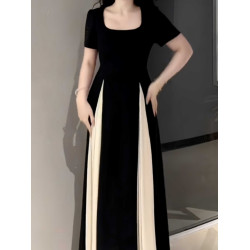 大碼法式網紗拼接別致連衣裙女夏季2025新款胖mm收腰氣質小黑裙子