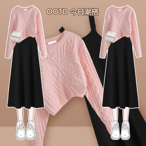 春秋奶乖炸街粉色毛衣裙子套裝裙氣質連衣裙女高級感吊帶裙兩件套 春秋奶乖炸街粉色毛衣裙子套裝裙氣質連衣裙女高級感吊帶裙兩件套