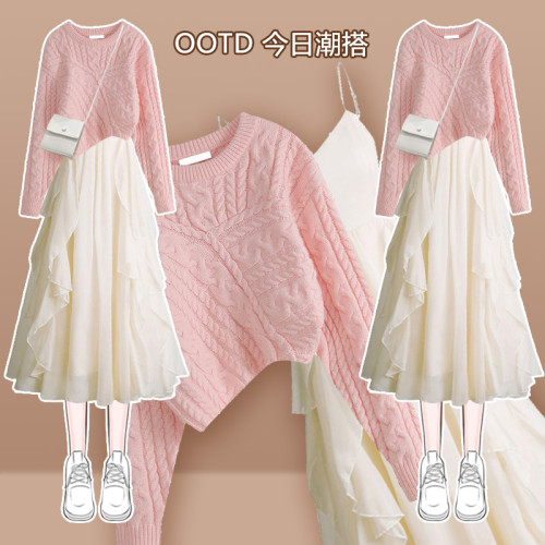 春秋奶乖炸街粉色毛衣裙子套裝裙氣質連衣裙女高級感吊帶裙兩件套 春秋奶乖炸街粉色毛衣裙子套裝裙氣質連衣裙女高級感吊帶裙兩件套