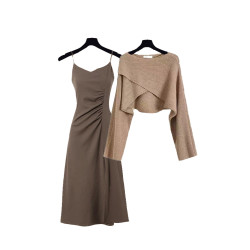 高級感奶系穿搭秋季套裝輕熟風針織衫秋裝連衣裙鹽系輕熟兩件套裝