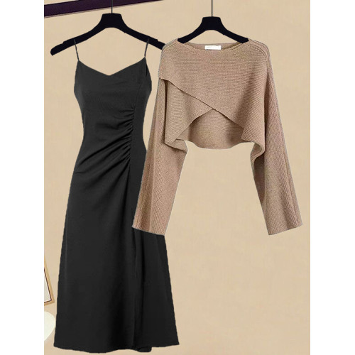 高級感奶系穿搭秋季套裝輕熟風針織衫秋裝連衣裙鹽系輕熟兩件套裝