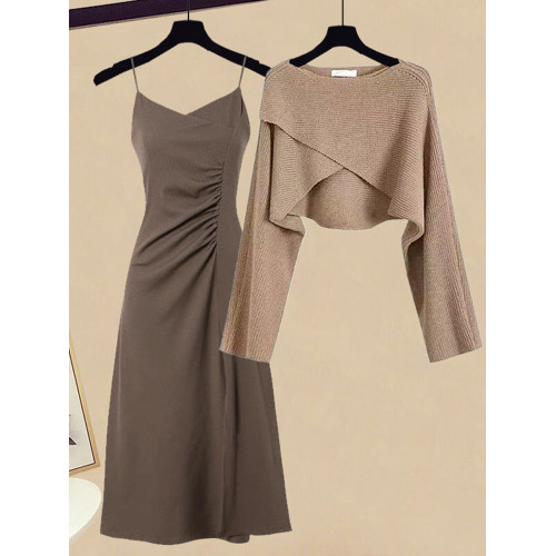 高級感奶系穿搭秋季套裝輕熟風針織衫秋裝連衣裙鹽系輕熟兩件套裝