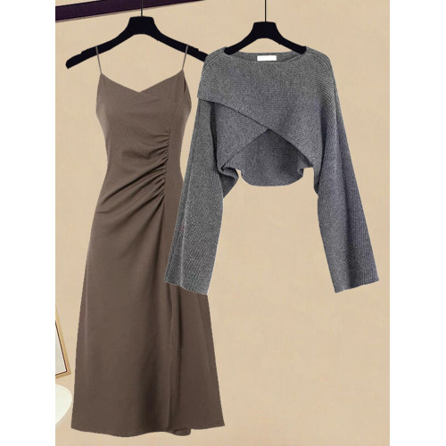 高級感奶系穿搭秋季套裝輕熟風針織衫秋裝連衣裙鹽系輕熟兩件套裝