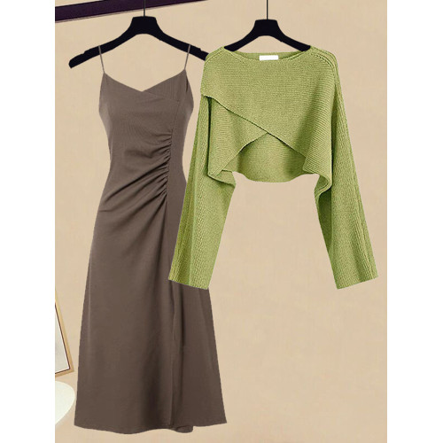 高級感奶系穿搭秋季套裝輕熟風針織衫秋裝連衣裙鹽系輕熟兩件套裝