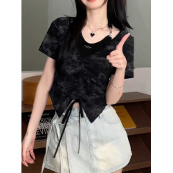 大碼夏季設計感掛脖短款短袖T恤女胖mm假兩件高級感顯瘦正肩上衣