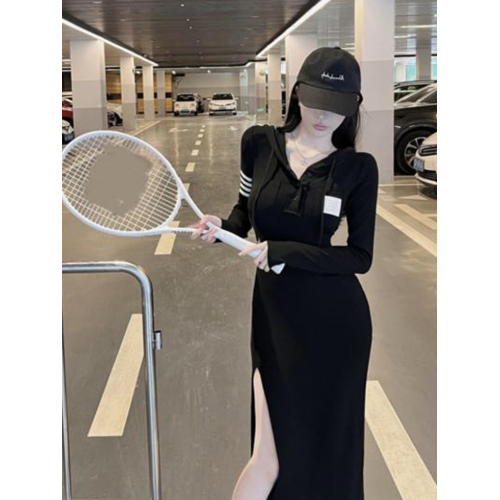 黑色v領連帽開叉連衣裙女春秋季新款辣妹性感修身顯瘦中長款裙子