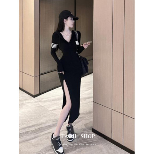 黑色v領連帽開叉連衣裙女春秋季新款辣妹性感修身顯瘦中長款裙子