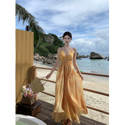 法式復古油畫暈染v領吊帶連衣裙女夏海邊度假長裙溫柔氣質仙女裙
