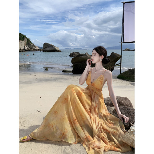 法式復古油畫暈染v領吊帶連衣裙女夏海邊度假長裙溫柔氣質仙女裙