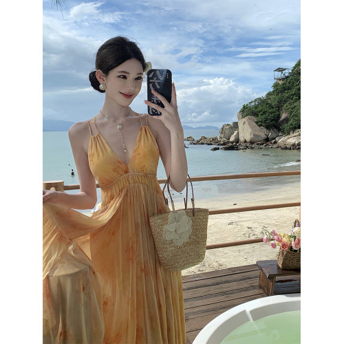 法式復古油畫暈染v領吊帶連衣裙女夏海邊度假長裙溫柔氣質仙女裙
