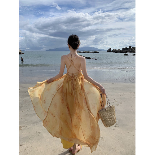 法式復古油畫暈染v領吊帶連衣裙女夏海邊度假長裙溫柔氣質仙女裙