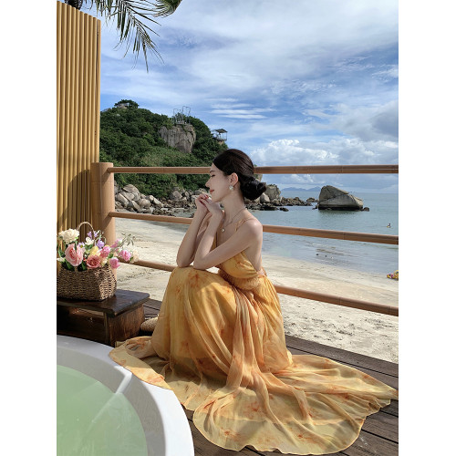 法式復古油畫暈染v領吊帶連衣裙女夏海邊度假長裙溫柔氣質仙女裙