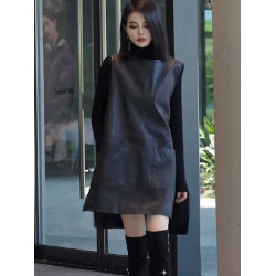 歐貨黑色pu皮無袖背心連衣裙2025新款春秋款曡穿馬甲裙開叉中長裙