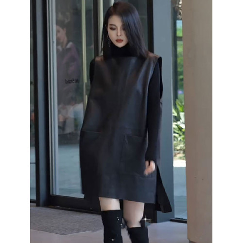 歐貨黑色pu皮無袖背心連衣裙2025新款春秋款曡穿馬甲裙開叉中長裙