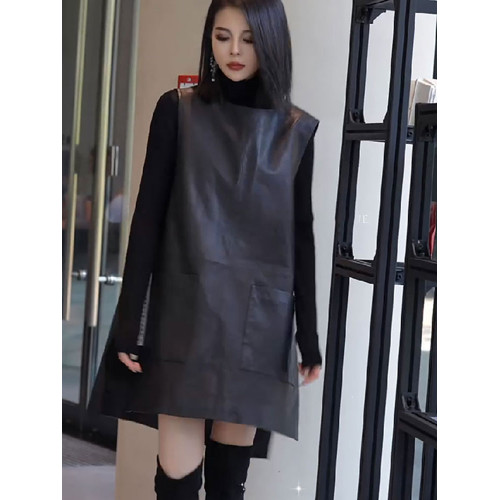 歐貨黑色pu皮無袖背心連衣裙2025新款春秋款曡穿馬甲裙開叉中長裙