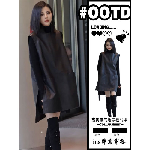 歐貨黑色pu皮無袖背心連衣裙2025新款春秋款曡穿馬甲裙開叉中長裙