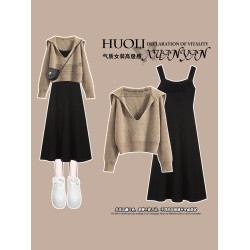 美拉德韓系穿搭吊帶連衣裙秋裝女款2025年新款禦姐風法式針織長裙