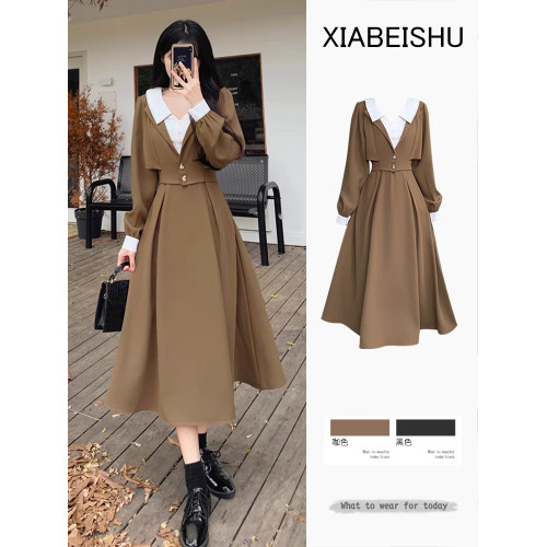 大碼美拉德法式假兩件連衣裙女早秋巨好看的胖mm顯瘦高級感長裙子