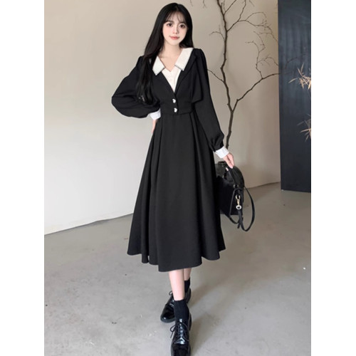 大碼美拉德法式假兩件連衣裙女早秋巨好看的胖mm顯瘦高級感長裙子