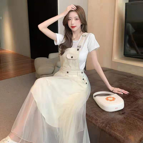 牛仔網紗背帶裙2025年新款減齡顯瘦吊帶連衣裙仙女裙子兩件套裝潮