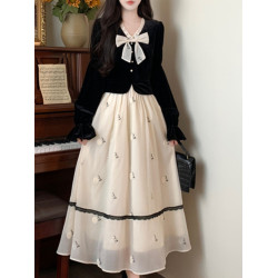 法式小香風假兩件絲絨連衣裙女秋冬大碼蝴蝶結上衣拼接網紗長裙子