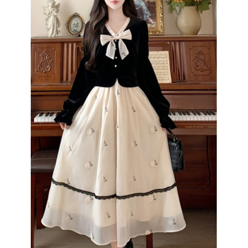 法式小香風假兩件絲絨連衣裙女秋冬大碼蝴蝶結上衣拼接網紗長裙子