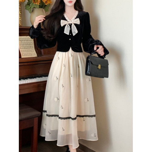 法式小香風假兩件絲絨連衣裙女秋冬大碼蝴蝶結上衣拼接網紗長裙子