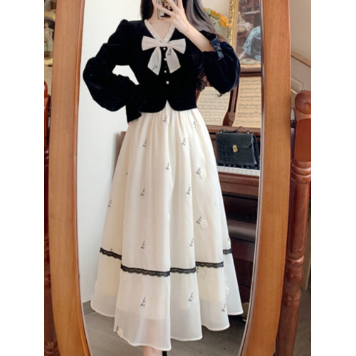 法式小香風假兩件絲絨連衣裙女秋冬大碼蝴蝶結上衣拼接網紗長裙子