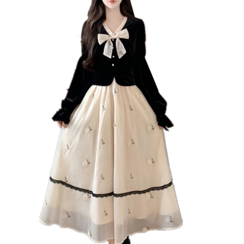 法式小香風假兩件絲絨連衣裙女秋冬大碼蝴蝶結上衣拼接網紗長裙子