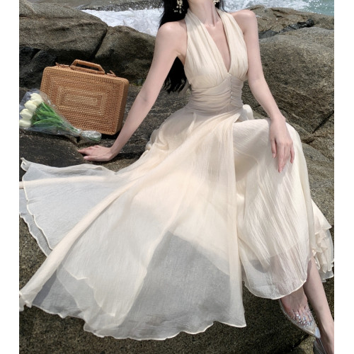 白色禮服裙純欲無袖V領掛脖連衣裙夏季新款溫柔氣質收腰顯瘦長裙