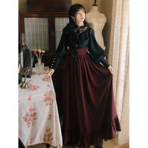 法式歐式宮廷復古長袖蕾絲襯衫條紋長裙兩件套連衣裙暗黑系Lolita