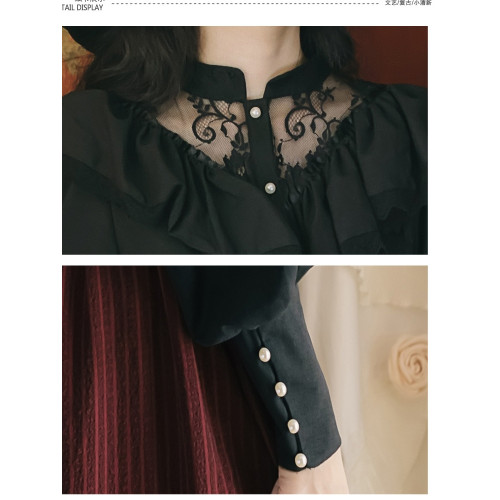 法式歐式宮廷復古長袖蕾絲襯衫條紋長裙兩件套連衣裙暗黑系Lolita