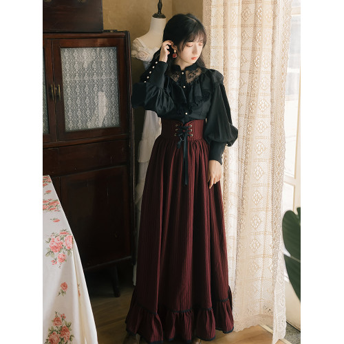 法式歐式宮廷復古長袖蕾絲襯衫條紋長裙兩件套連衣裙暗黑系Lolita