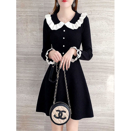 針織連衣裙女2023秋冬新款長袖赫本風小黑裙減齡顯瘦洋氣打底裙子